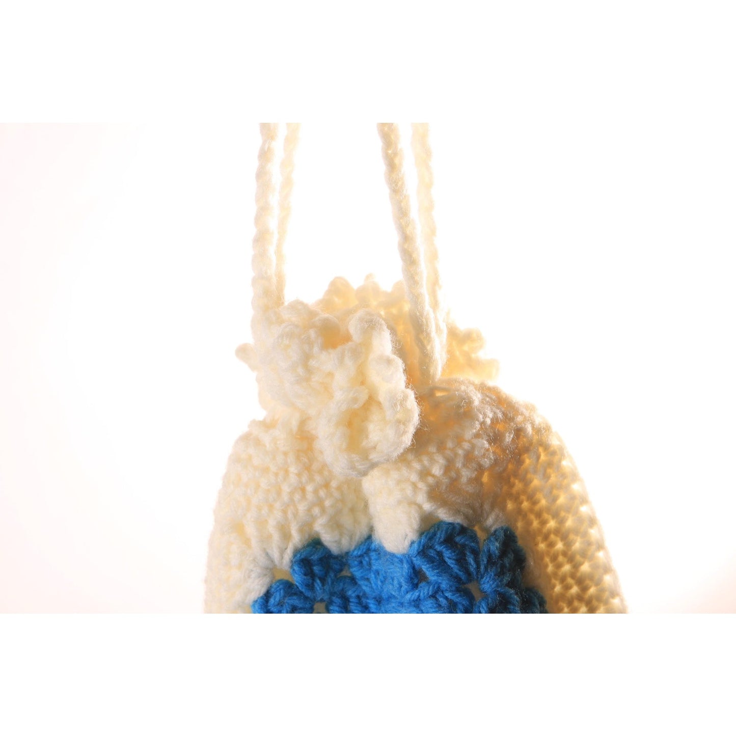 1970s White and Turquoise Blue Crochet Granny Square Drawstring Fringe Purse Bag