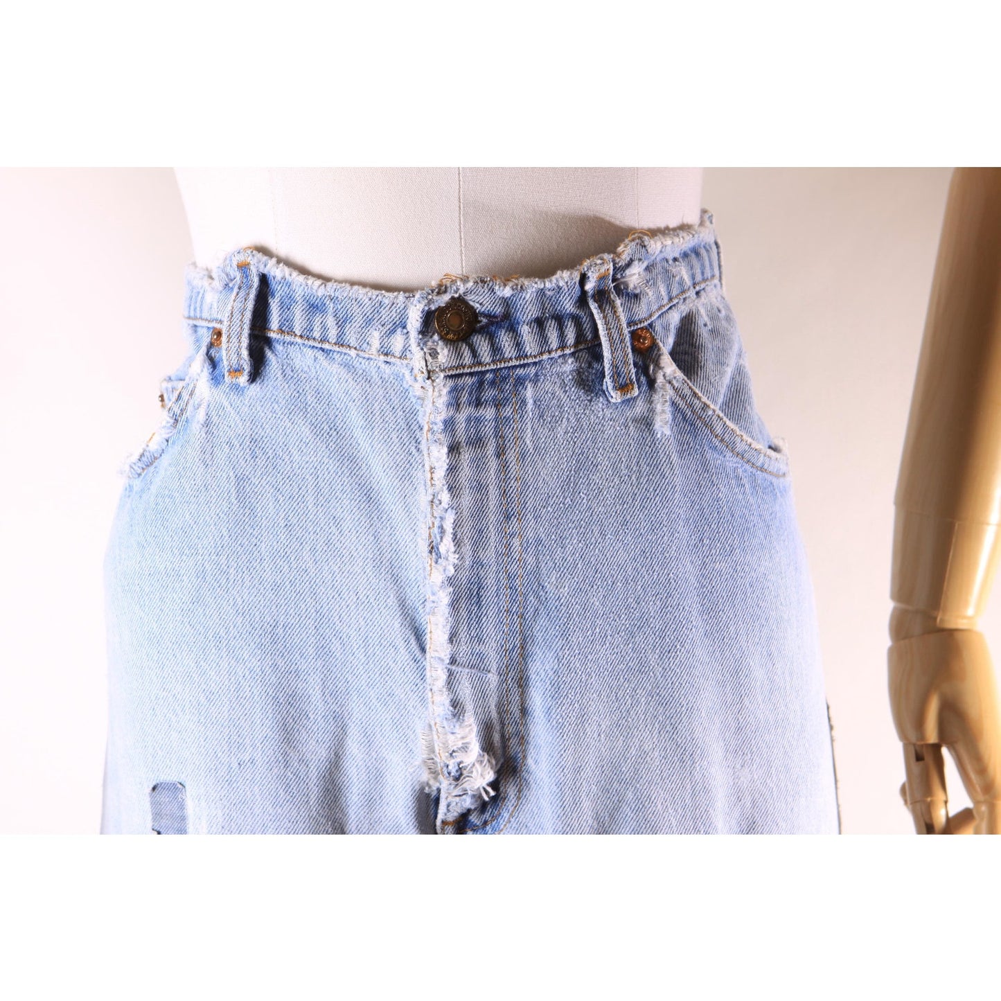 1980s Distressed Patch Fraying Blue Denim Orange Tab 517 Jeans by Levi's -38x30