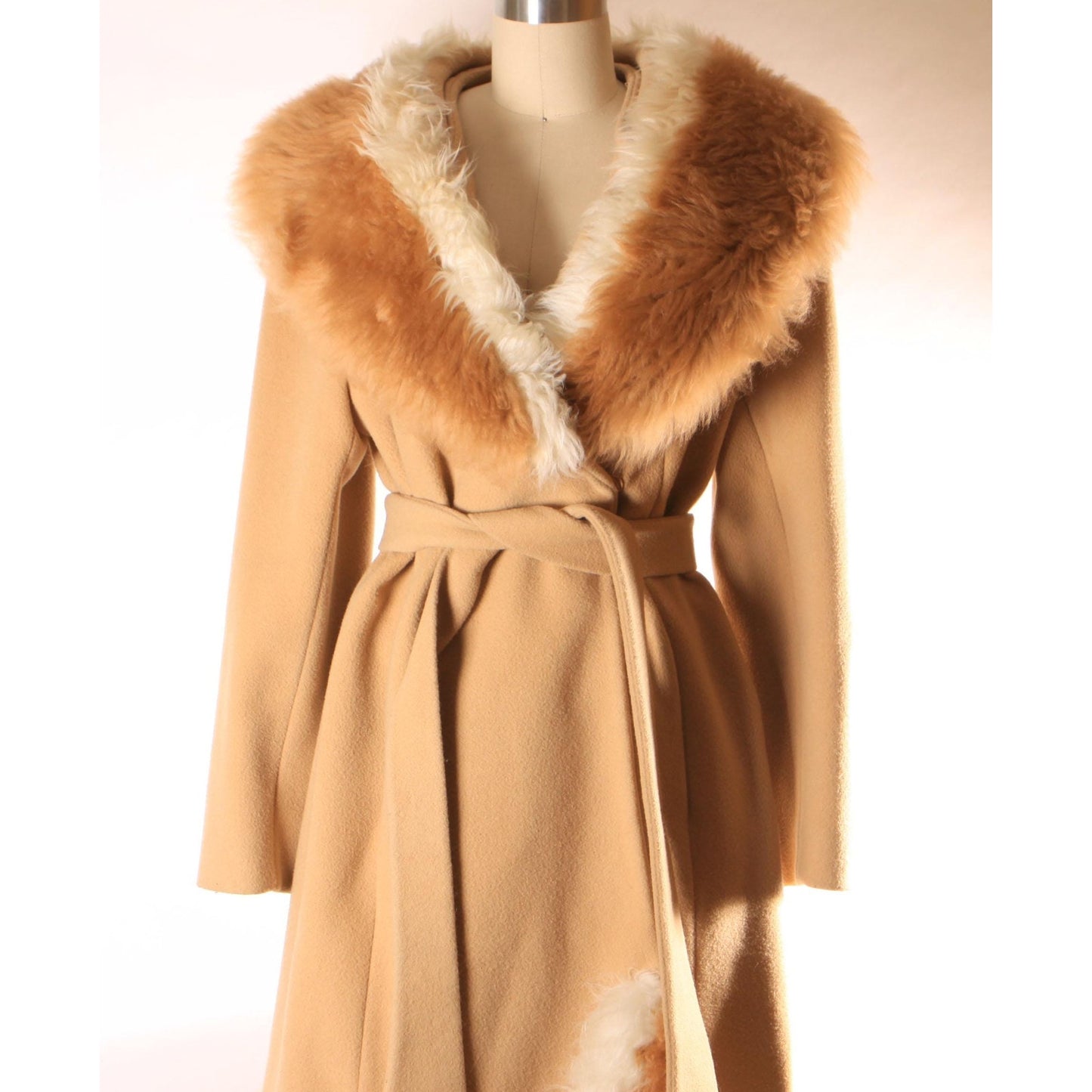 Early 1960s Brown and Cream Shearling Fur Trim Collar and Hem Wrap Princess Coat by Youthcraft