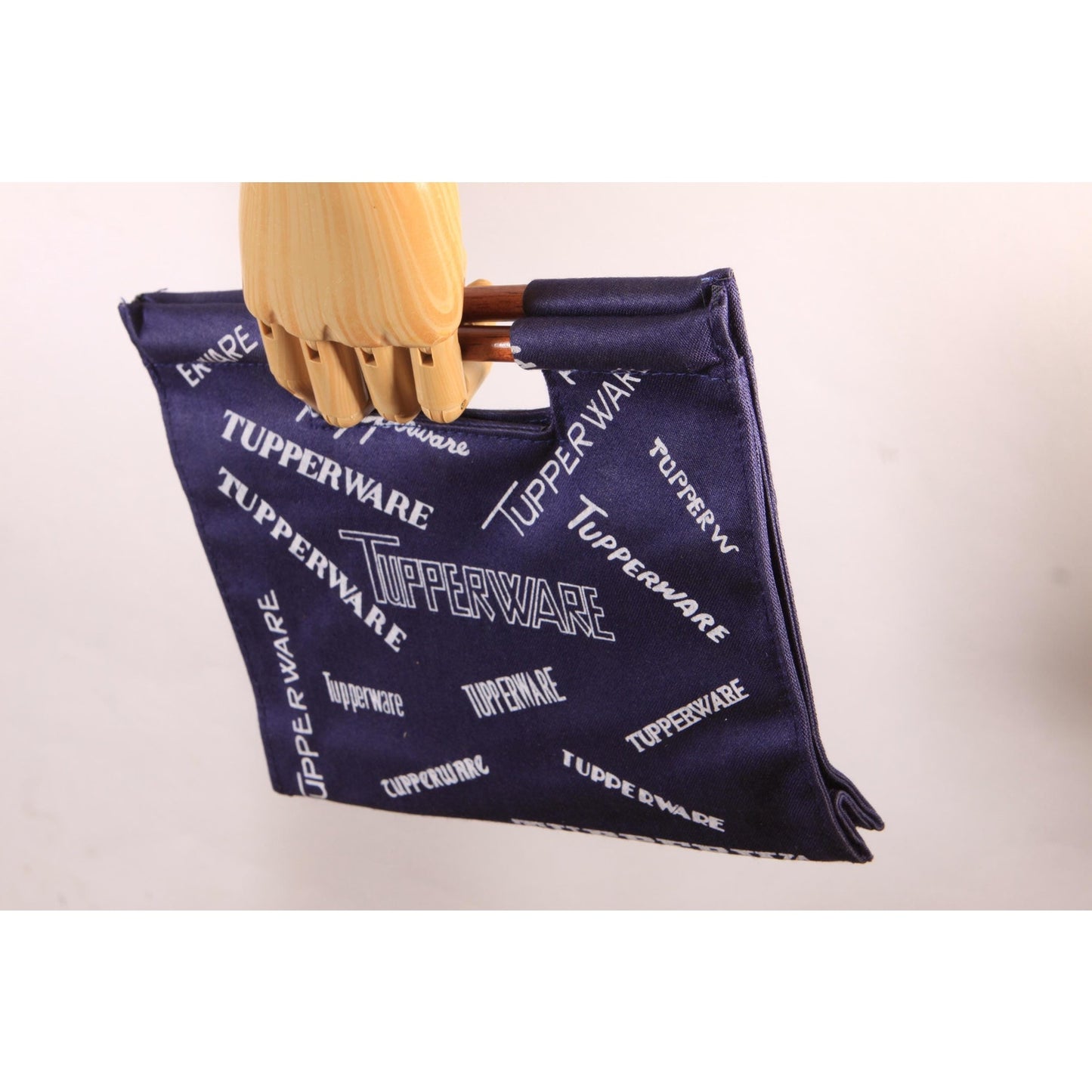 Deadstock 1970s Navy Blue and White Novelty Tupperware Advertisement Wood Top Handle Purse Bag