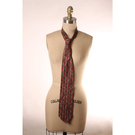 1980s Red and Gray Abstract Print Necktie Tie by Geoffrey Beene