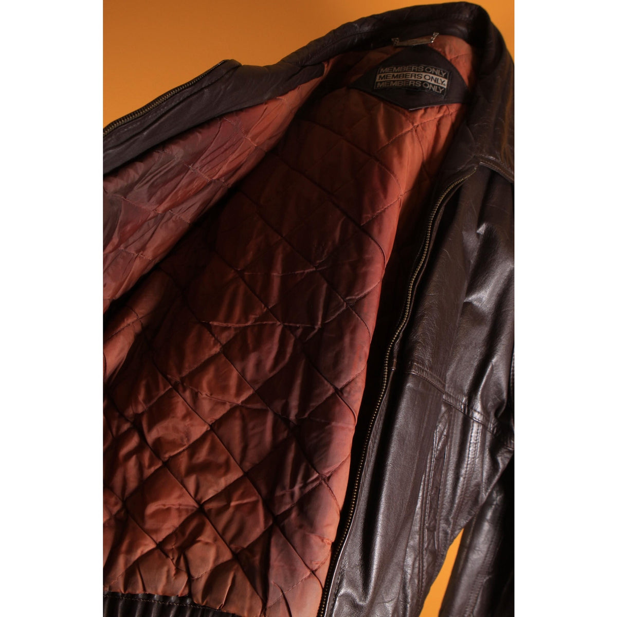 1980s Brown Leather Zip Up Pocketed Mens Bomber Jacket Coat by Members Only -L