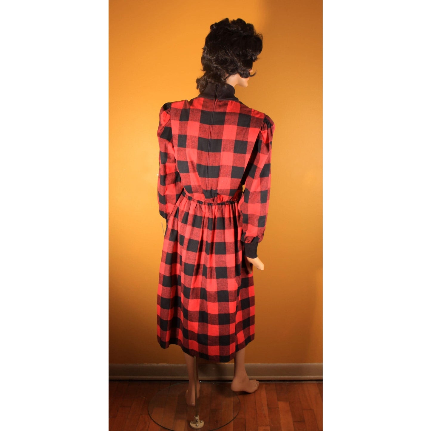 1980s Red and Black Plaid Long Sleeve Winter Dress by Donna Morgan for Non Stop -L-XL