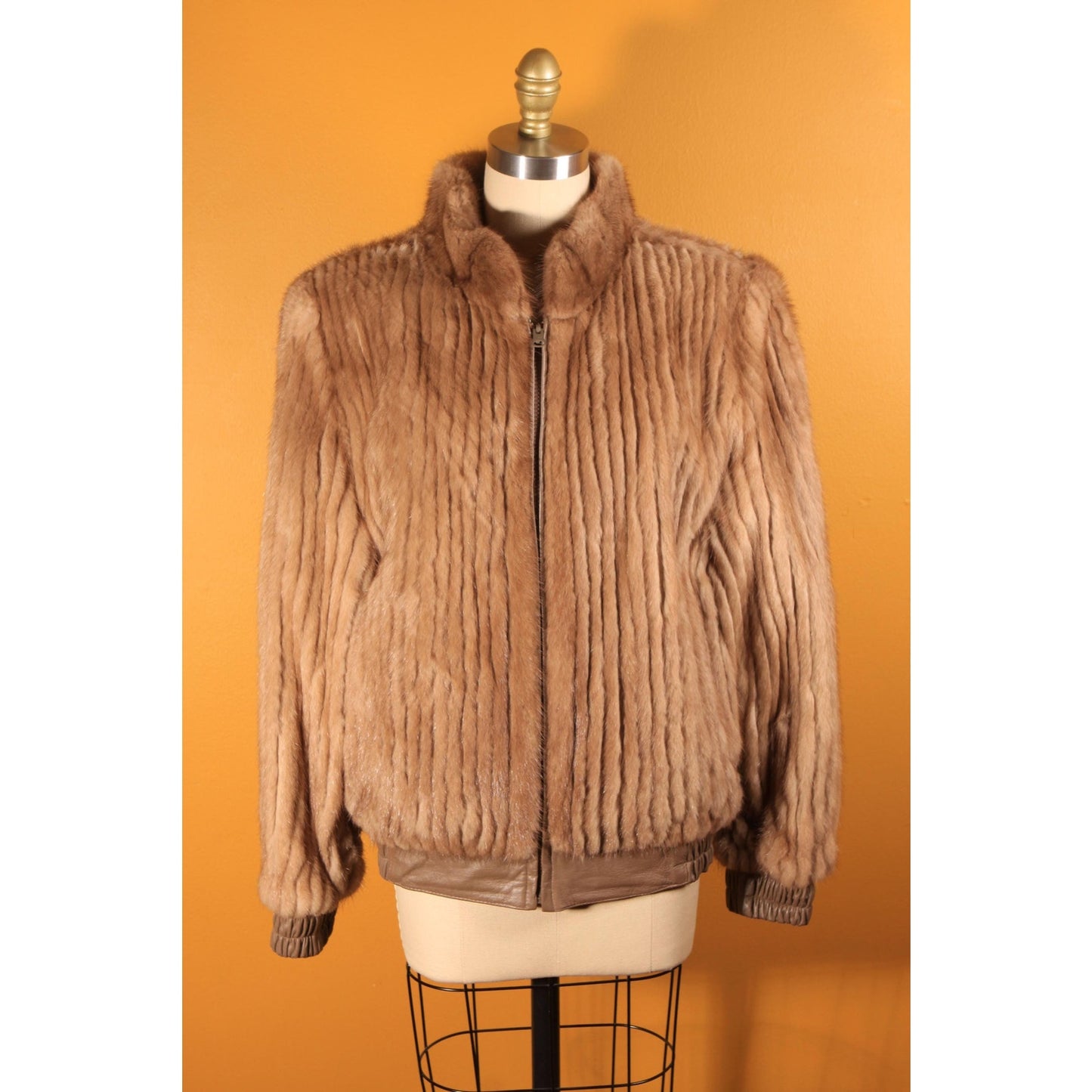 1980s Brown Mink Fur and Tan Leather Reversible Bomber Jacket Coat -M-L