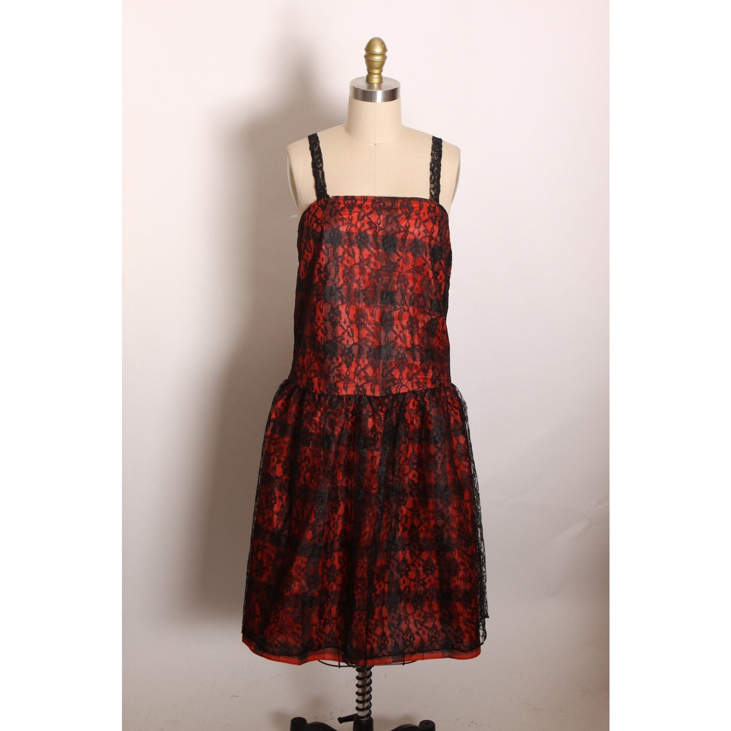 Deadstock 1970s Black and Red Gothic Lace and Plaid Print Lace Strap Sleeveless Dress by Purrr’s -S-M