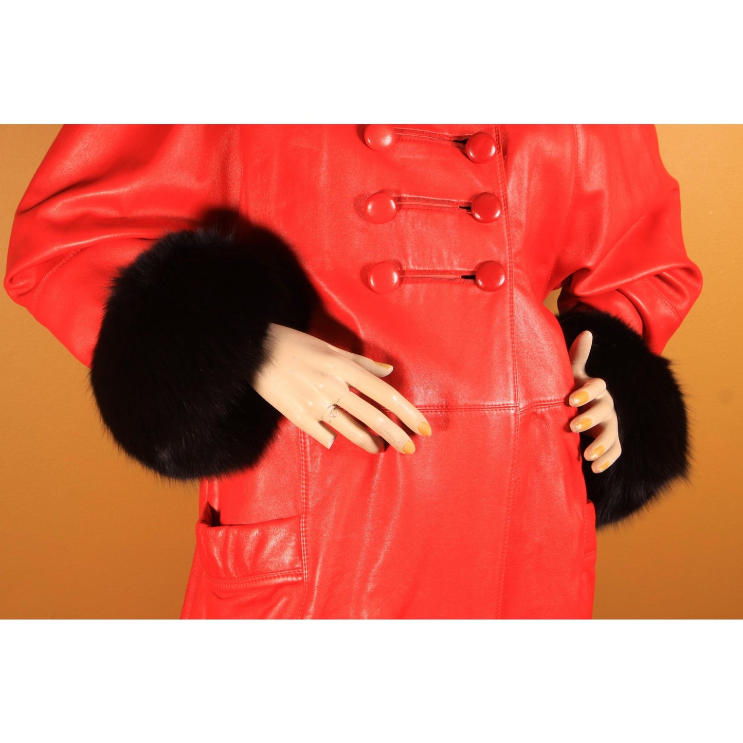 1980s Red Leather and Black Fox Fur Trim Long Sleeve Coat by McDaniel's -XL
