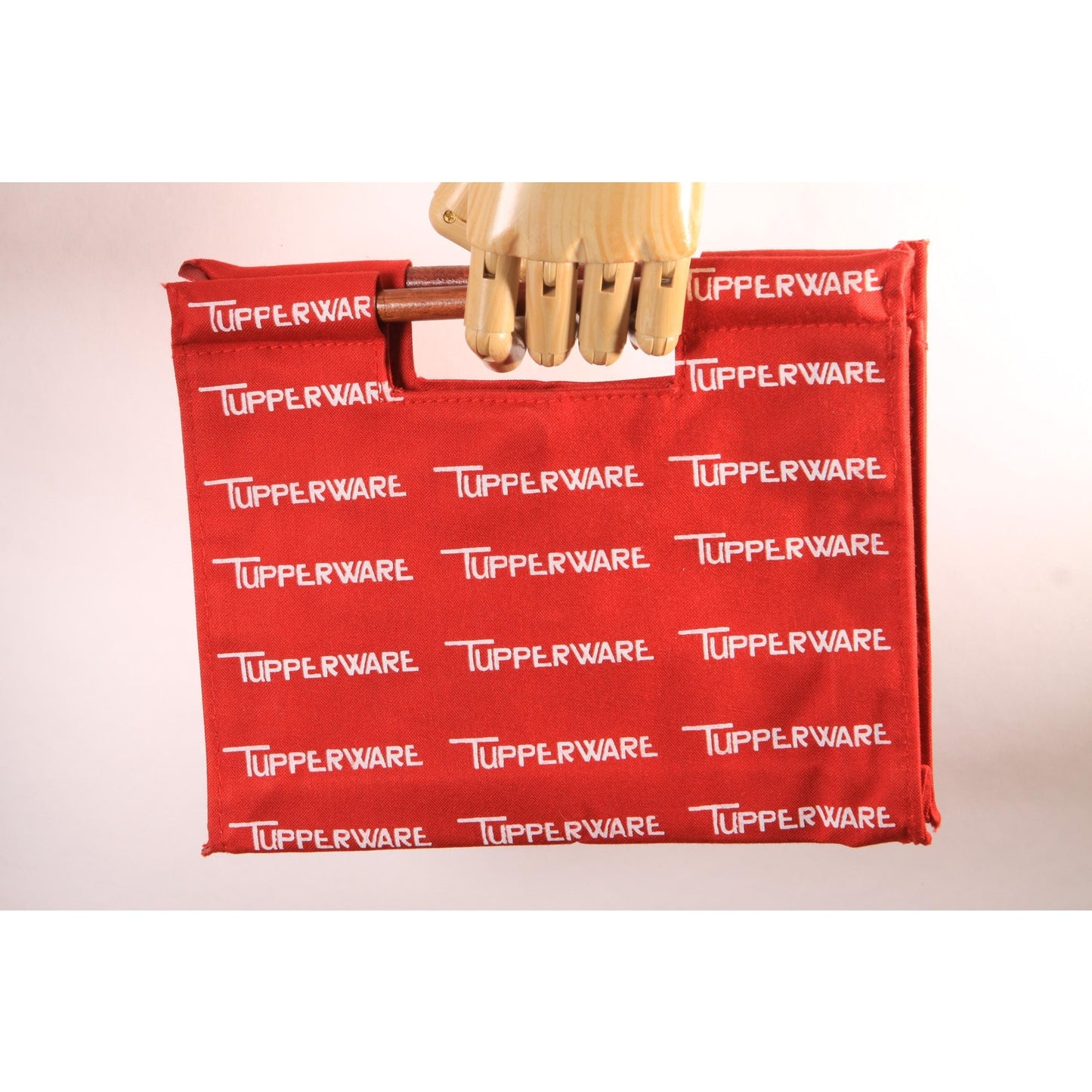 Deadstock 1970s 1980s Red and White Novelty Tupperware Advertisement Wood Top Handle Bag Purse