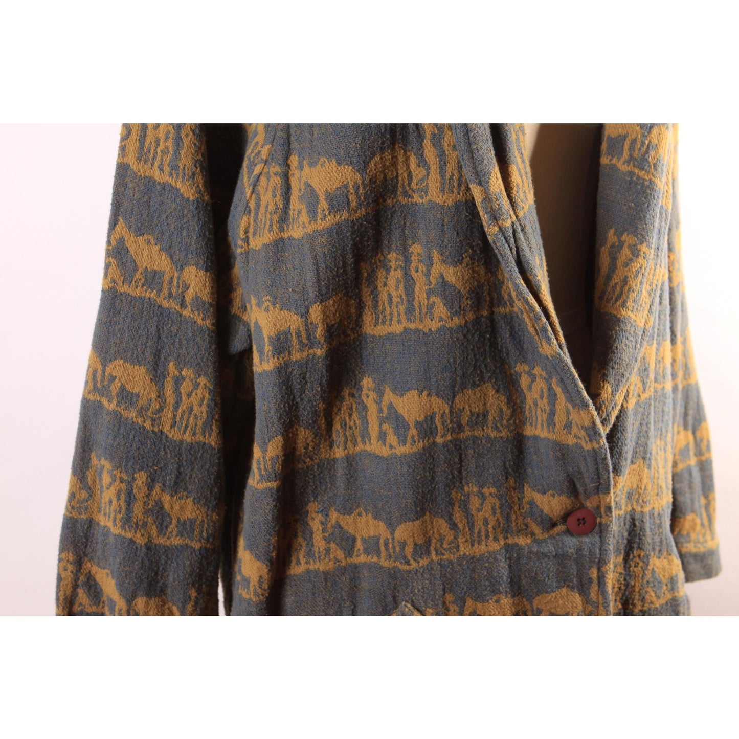 1980s 1990s Gray Green and Yellow Beige Novelty Western Wear Cowboy and Horse Button Down Jacket by New Aura -L