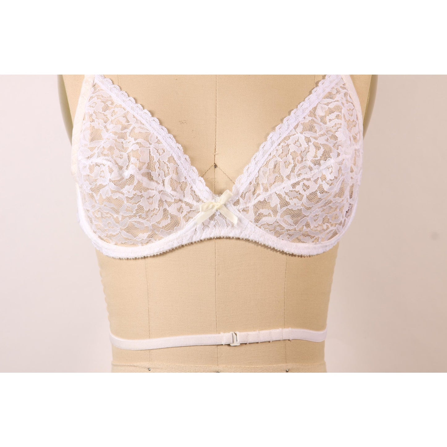 1970s Sheer White Floral Lace Bow Detail Underwire Criss Cross Low Cut Back Bra by Fredericks of Hollywood-38C