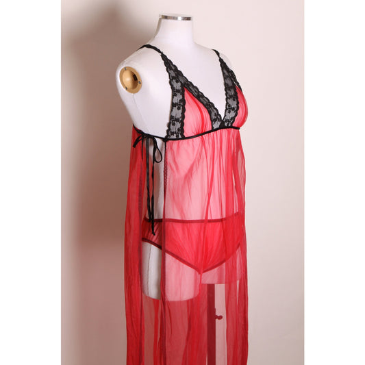 1960s Red and Black Lingerie Open Side Night Gown with Matching Panties and Open Sleeve Robe Lingerie Set -S