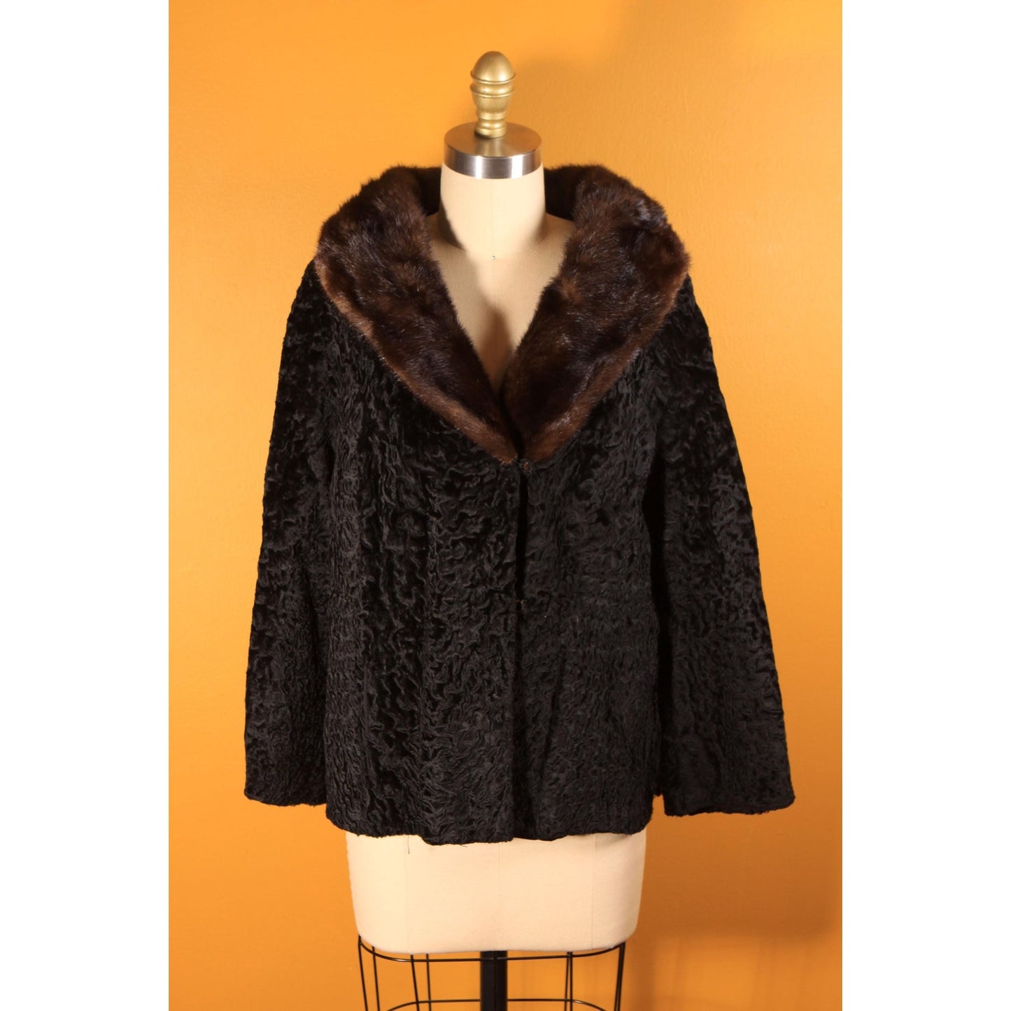 1950s Black Persian Lamb and Brown Mink Fur Trim Coat by Parker -M-L