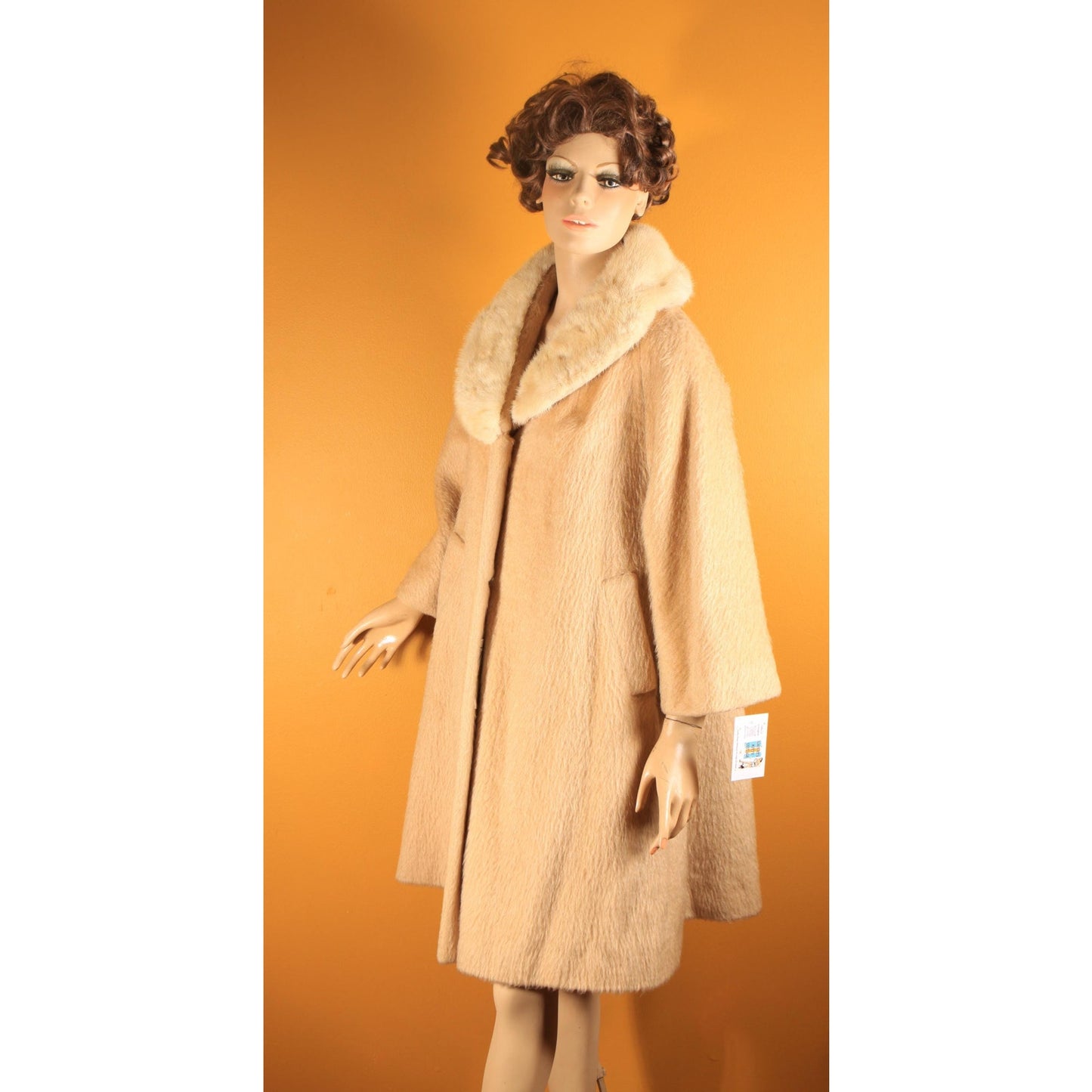 1950s Tan and Cream Bracelet Sleeve Mink Fur Collar Swing Coat by Lilli Ann -M-XL