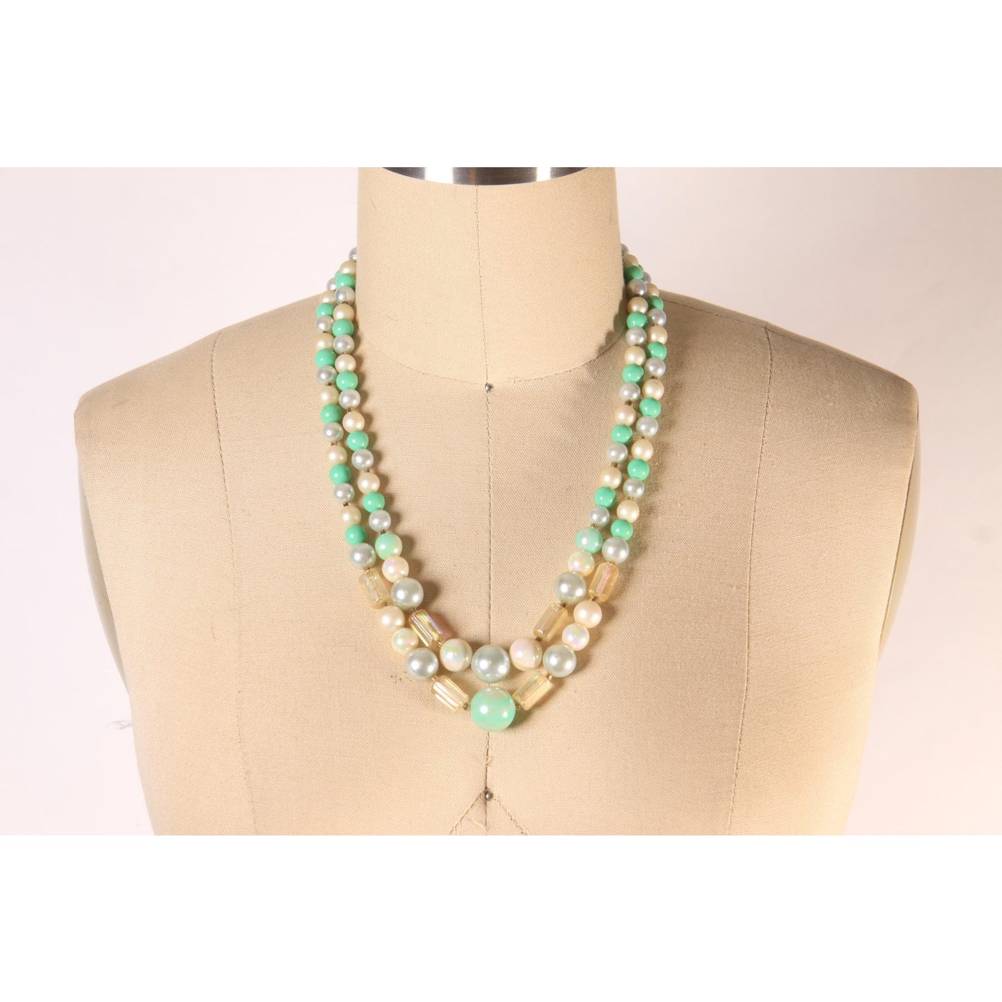 1970s Mint Blue and Cream Beaded Double Strand Necklace by Japan