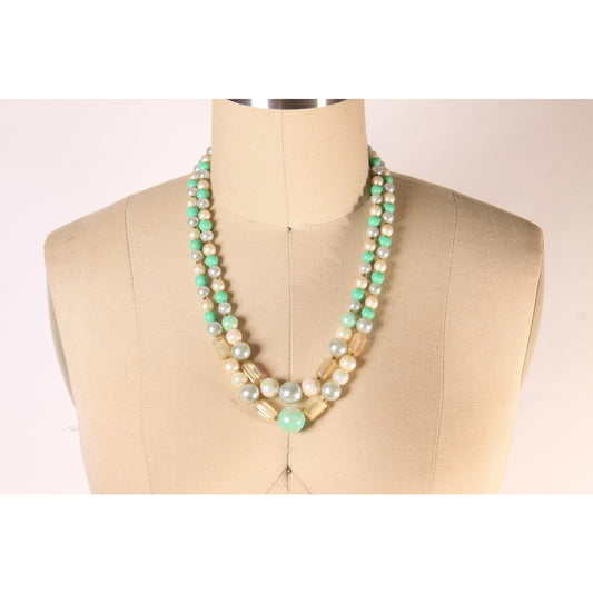 1970s Mint Blue and Cream Beaded Double Strand Necklace by Japan