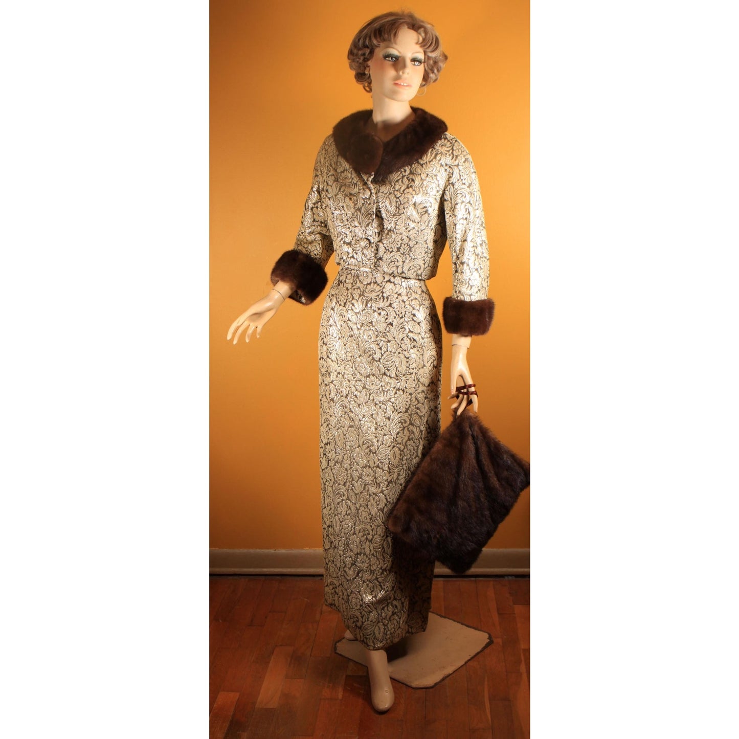 Early 1950s Gold & Brown Lurex Floral Mink Fur Trim Sleeveless Cocktail Dress with Matching Cropped Jacket and Muff by Terry Allen Original