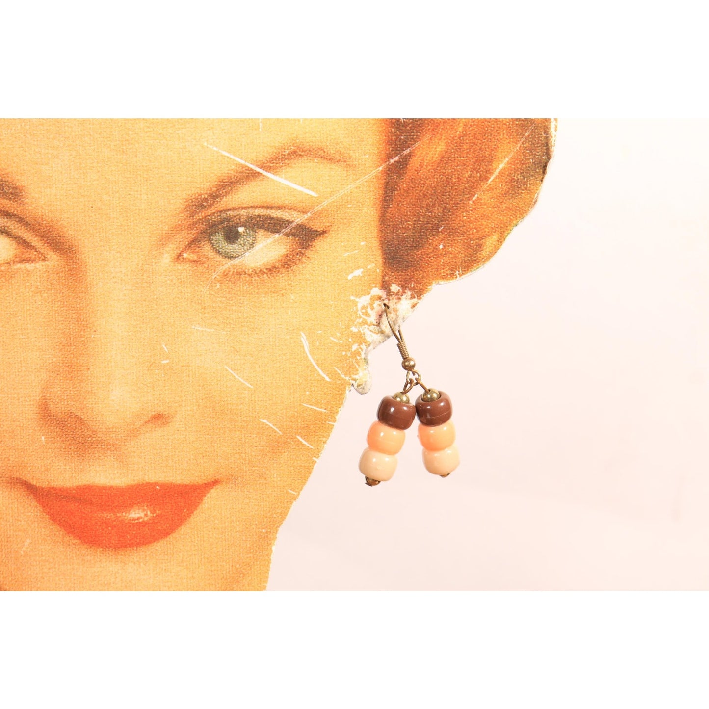 1980s Brown and Tan Beaded Dangle Pierced Earrings