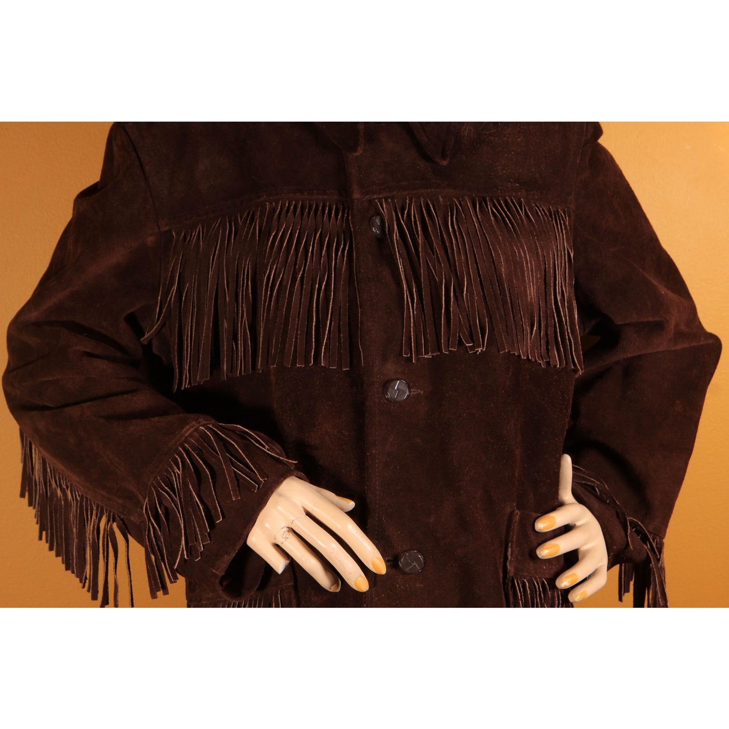 1970s Dark Brown Long Sleeve Fringe Western Suede Leather Mens Coat by Rice Sports Wear -M-L