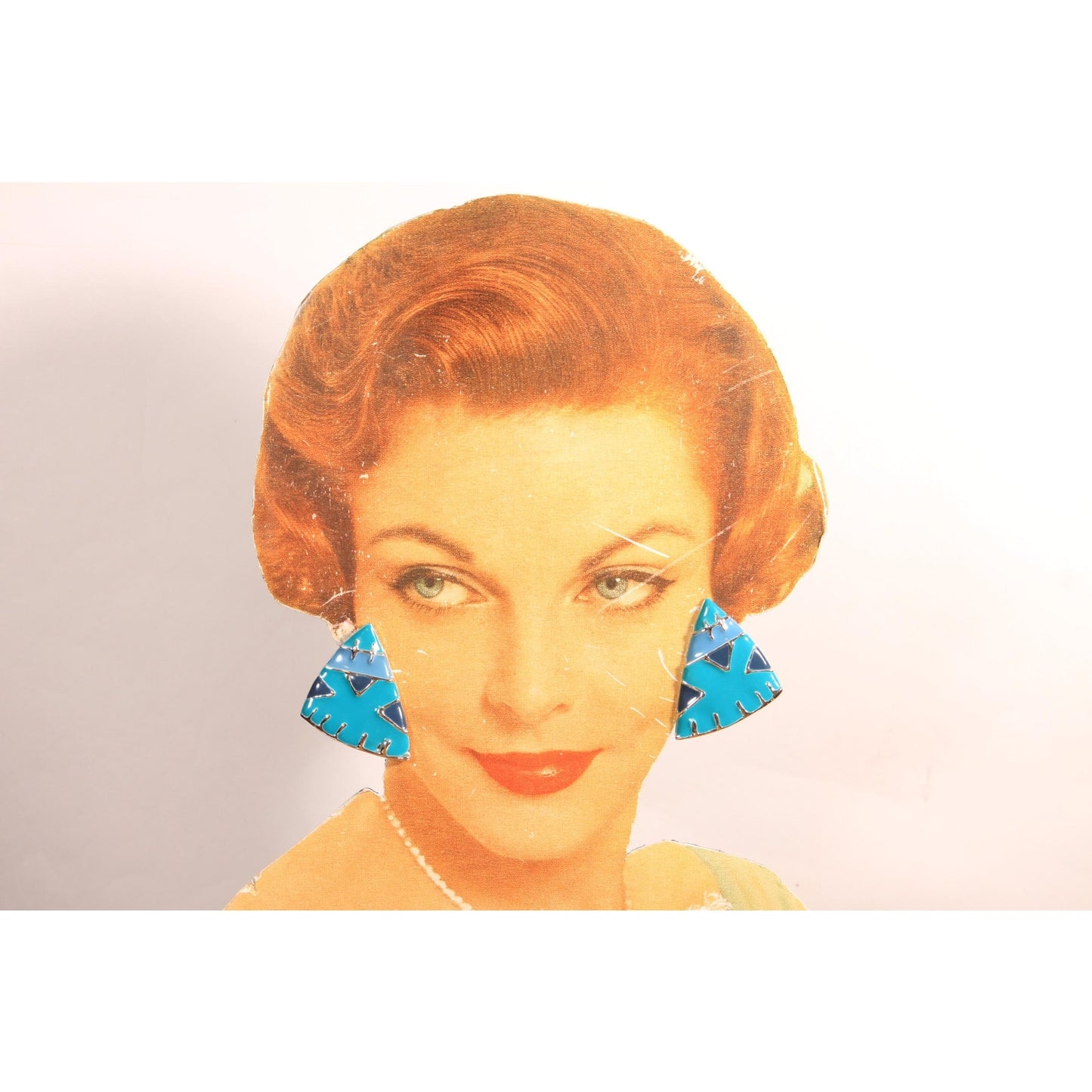 1950s Turquoise Blue and Navy Blue Geometric Triangle Metal Pierced Earrings