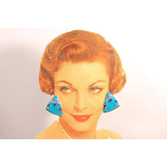 1950s Turquoise Blue and Navy Blue Geometric Triangle Metal Pierced Earrings