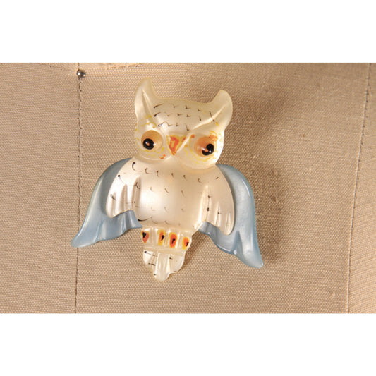 1940s Novelty Cream, Blue and Orange Novelty Owl Celluloid Plastic Brooch