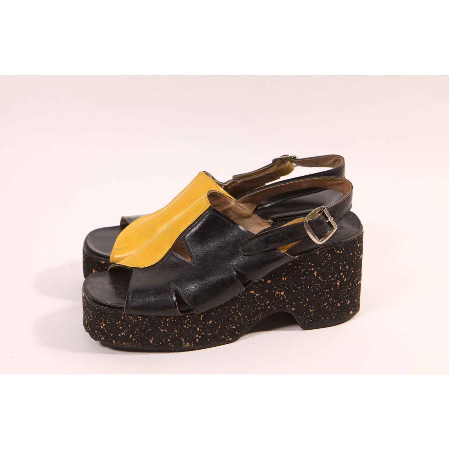 Late 1970s Early 1980s Black and Yellow Splatter Paint Platform High Heel Sandals