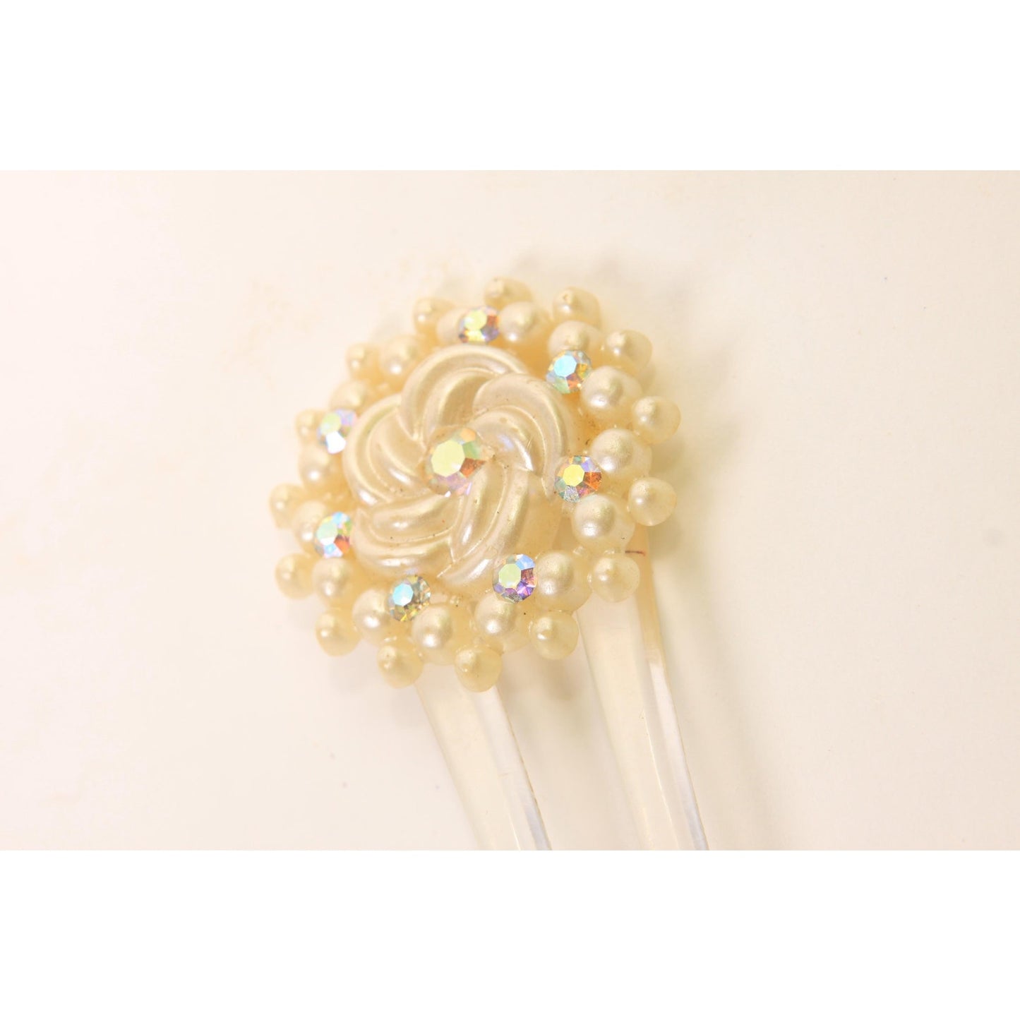 1940s 1950s Cream Rhinestone Floral Circle Hair Comb Fork