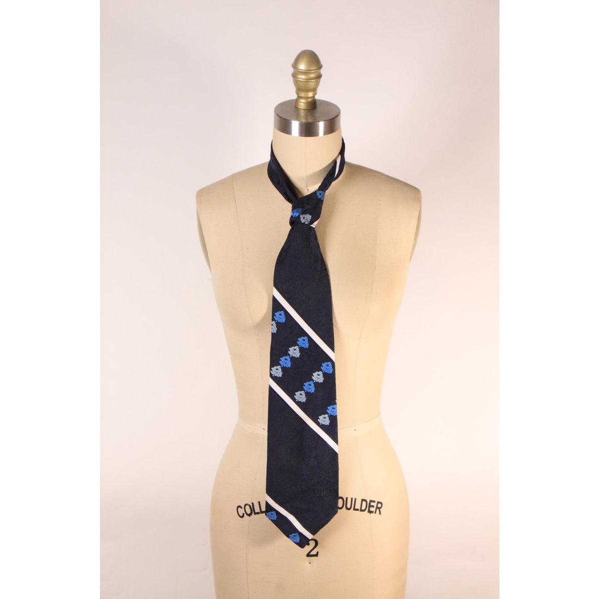 1970s Navy Blue, Light Blue and White Polyester Striped Patterned Necktie Tie by Brittania