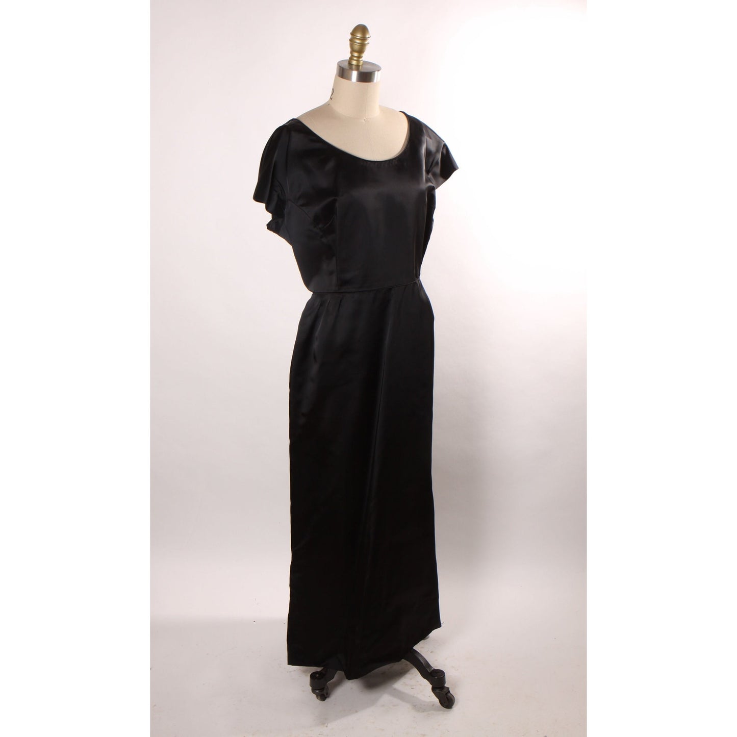 1960s Black Satin Short Sleeve Full Length Dress -XL
