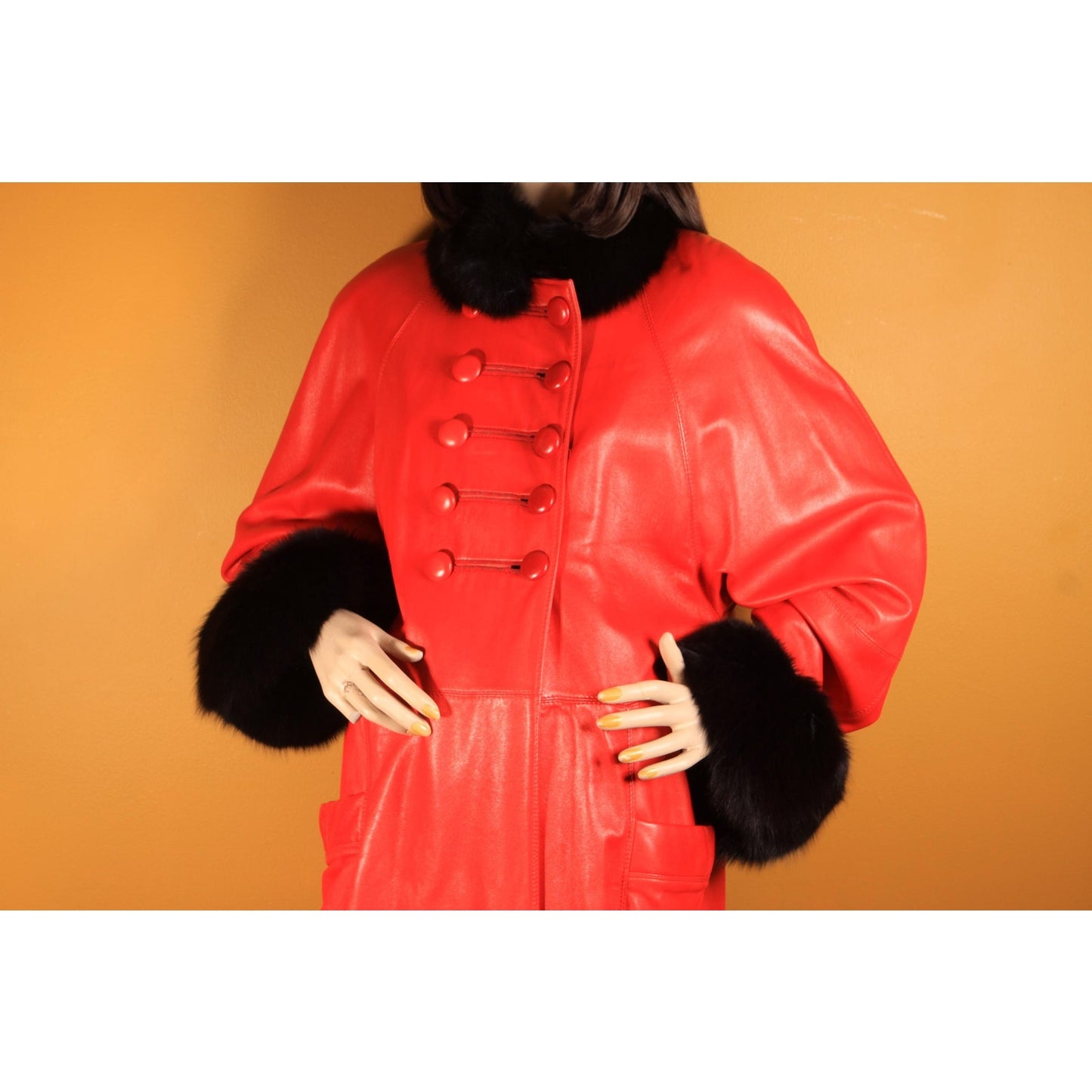 1980s Red Leather and Black Fox Fur Trim Long Sleeve Coat by McDaniel's -XL