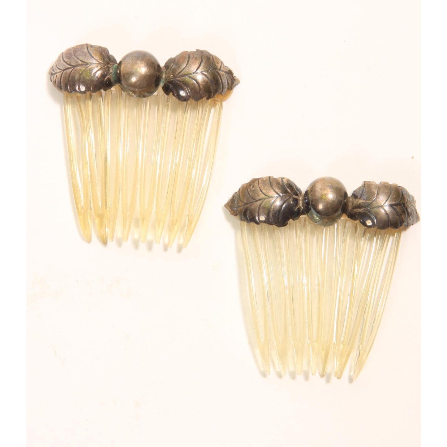 1920s 1930s Silver Leaf Metal and Plastic Set of 2 Hair Combs