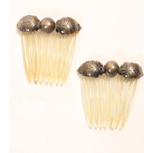 1920s 1930s Silver Leaf Metal and Plastic Set of 2 Hair Combs