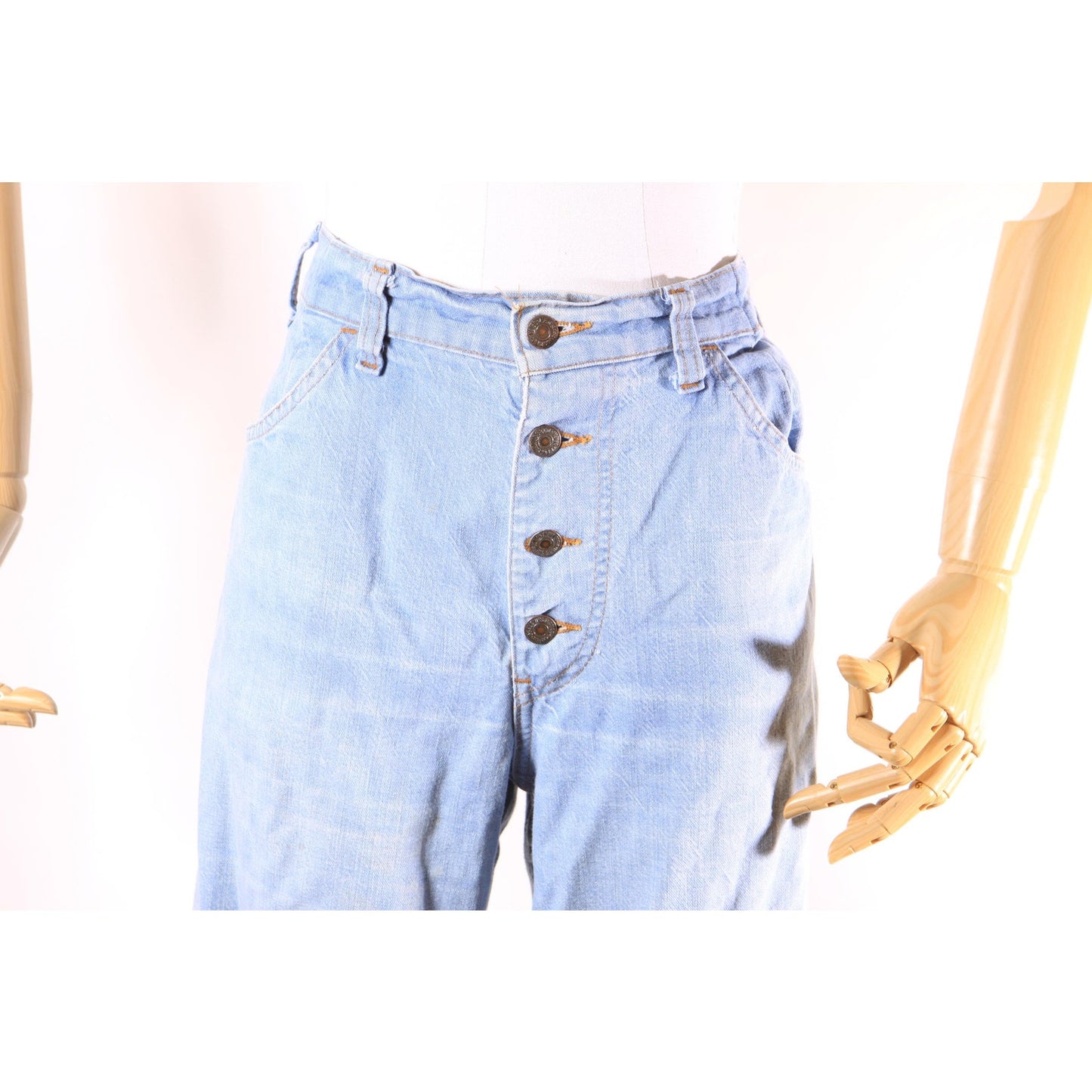 1970s Blue Light Wash Flared Button Fly Denim Orange Tab Jeans by Levi's