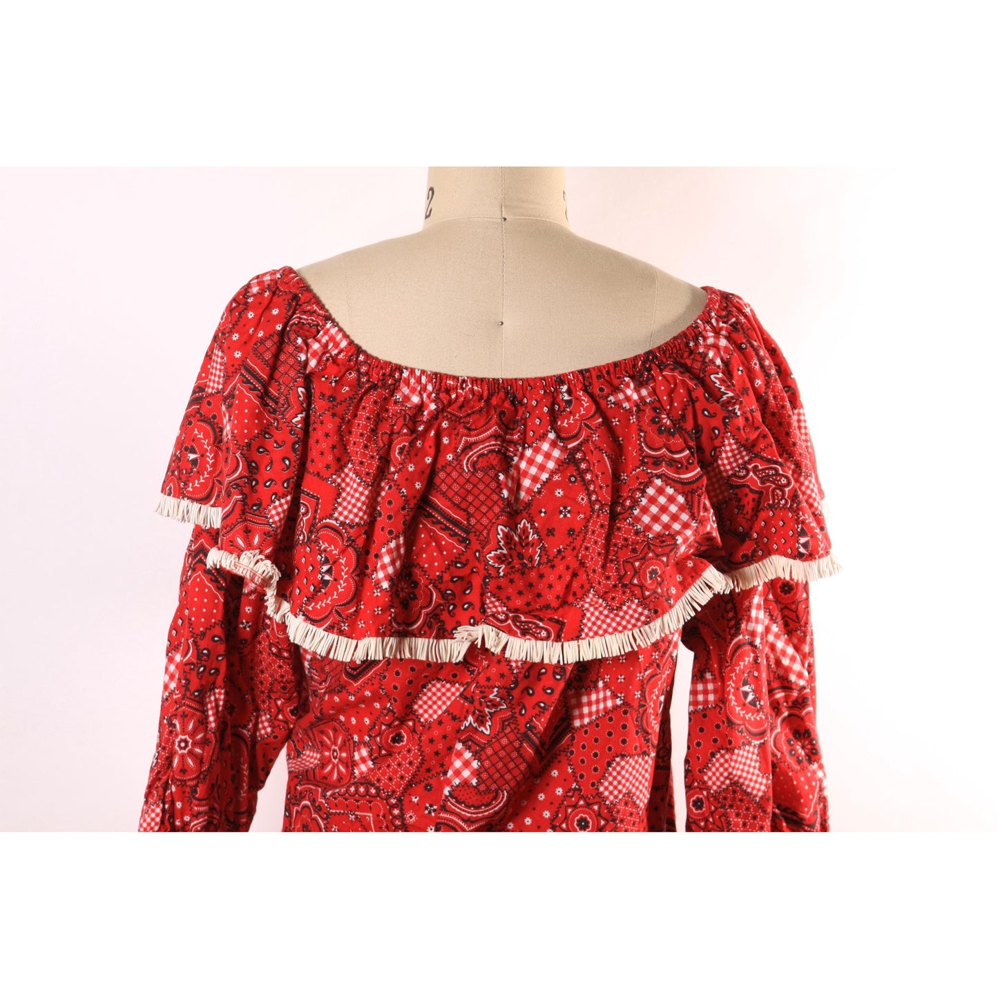 1980s Red, Black and White Novelty Bandana Print Fringe Trim Western Cowgirl Off the Shoulder Blouse Top -M