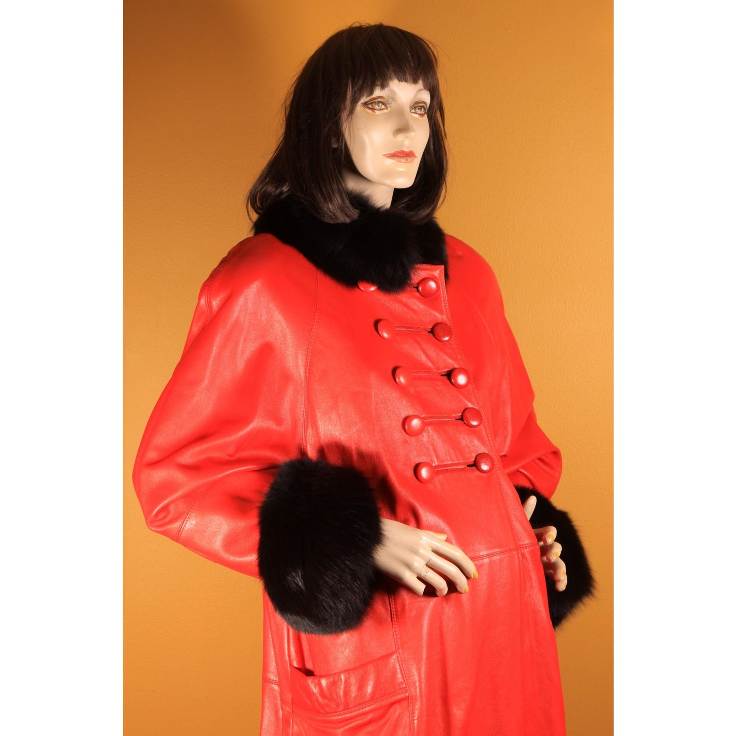 1980s Red Leather and Black Fox Fur Trim Long Sleeve Coat by McDaniel's -XL
