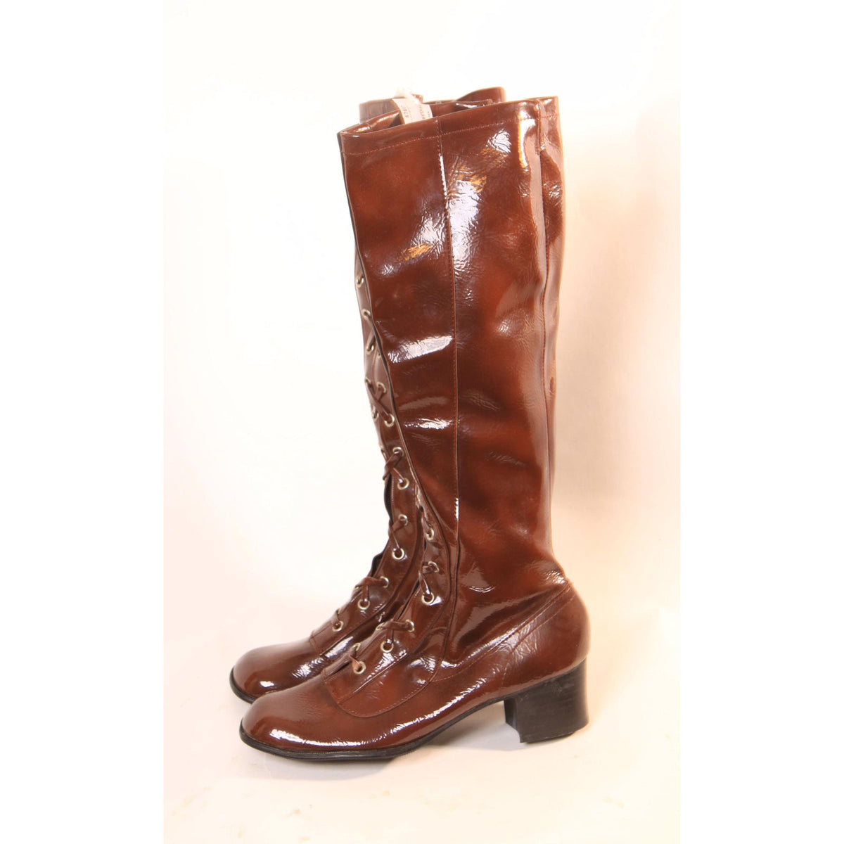 Deadstock 1960s Brown Vinyl Criss Cross Lace Up Zippered Go Go Boots -Made in Japan -Size 5 and Size 6