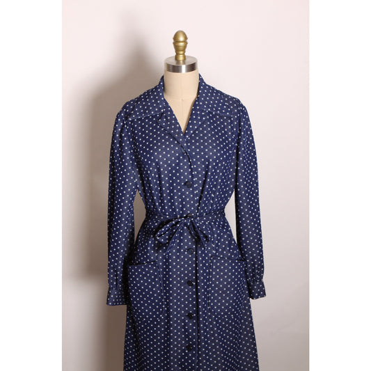 1970s Navy Blue and White Polka Dot Long Sleeve Pocketed Button Up Front Polyester Dress -L
