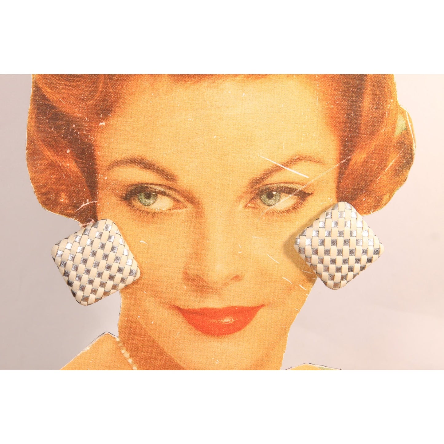 1980s Cream and Silver Leather Woven Oversized Geometric Square Pierced Earrings
