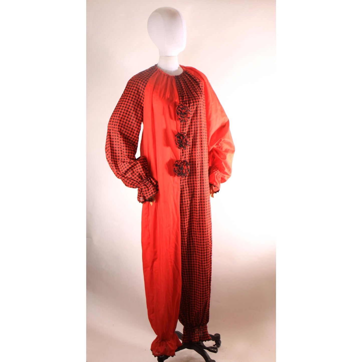 1970s Red and Black Plaid One Piece Pom Pom Halloween Clown Costume