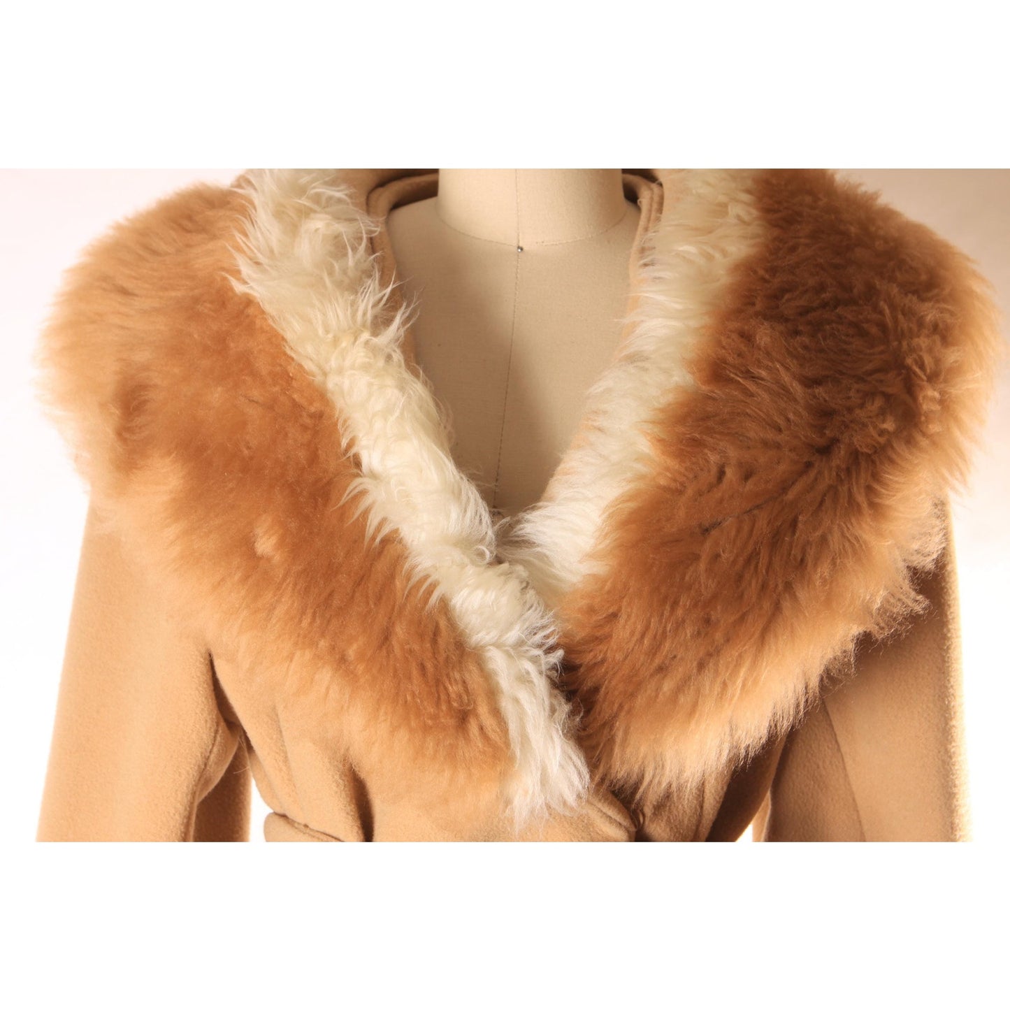 Early 1960s Brown and Cream Shearling Fur Trim Collar and Hem Wrap Princess Coat by Youthcraft