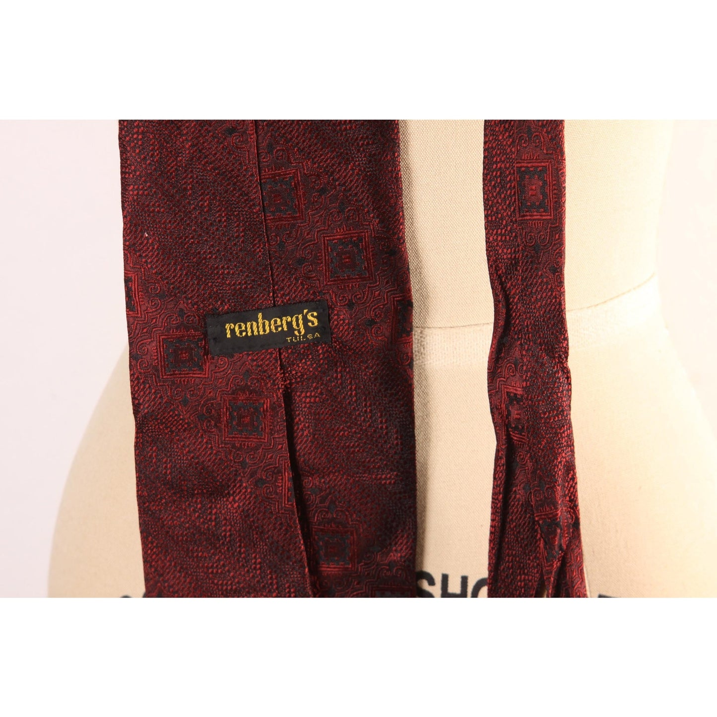 1970s Red and Black Geometric Swirl Necktie Tie by Renberg's Tulsa