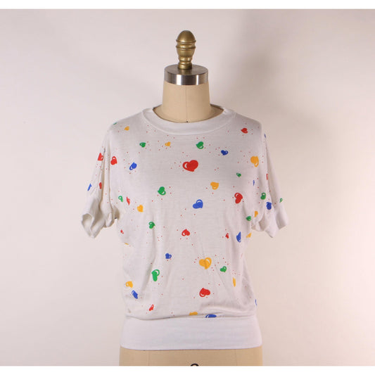1980s White, Red, Yellow, Blue and Green Novelty Clowncore Heart Print Short Sleeve T-Shirt -S