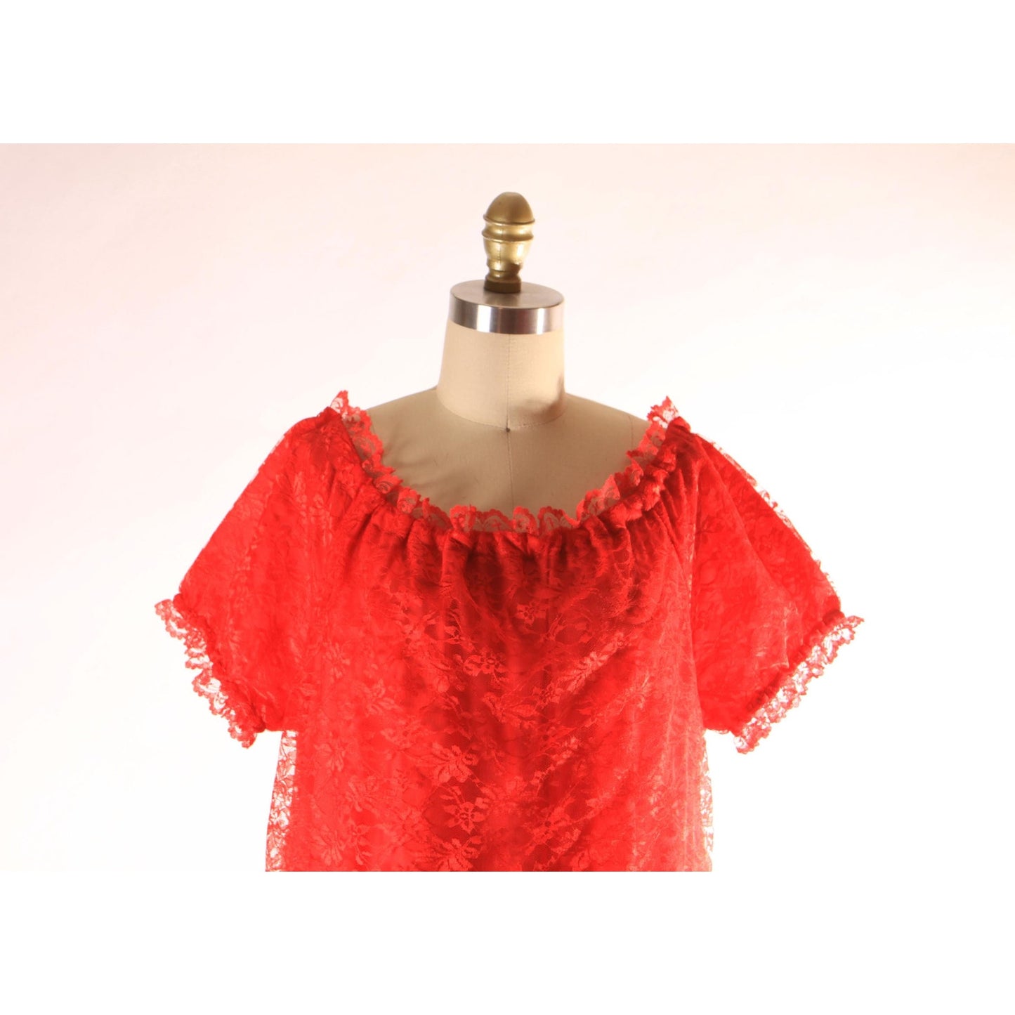 1960s 1970s Sheer Red Lace Overlay Short Sleeve Off the Shoulder Lingerie Night Gown -2XL