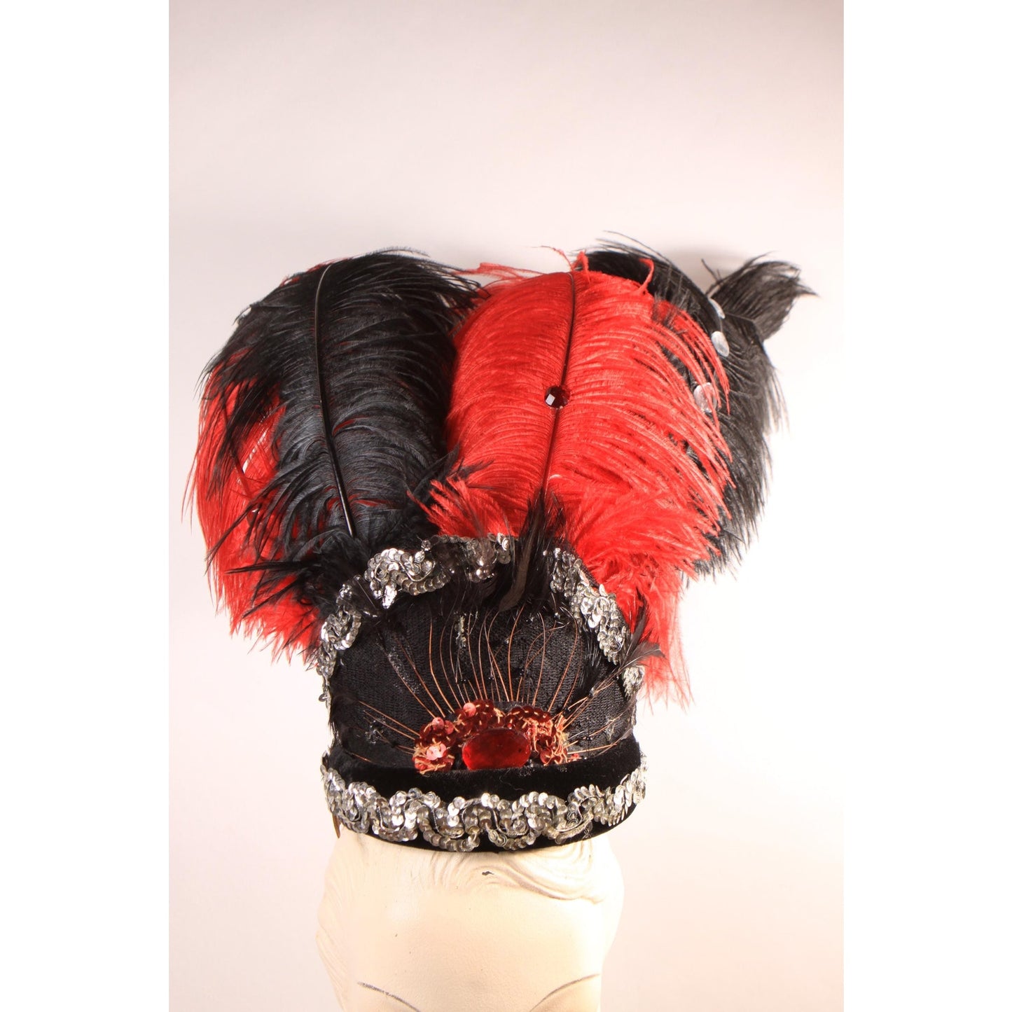 1970s Red and Black Costume Showgirl Burlesque Feather Sequin Headdress Headpiece Hat
