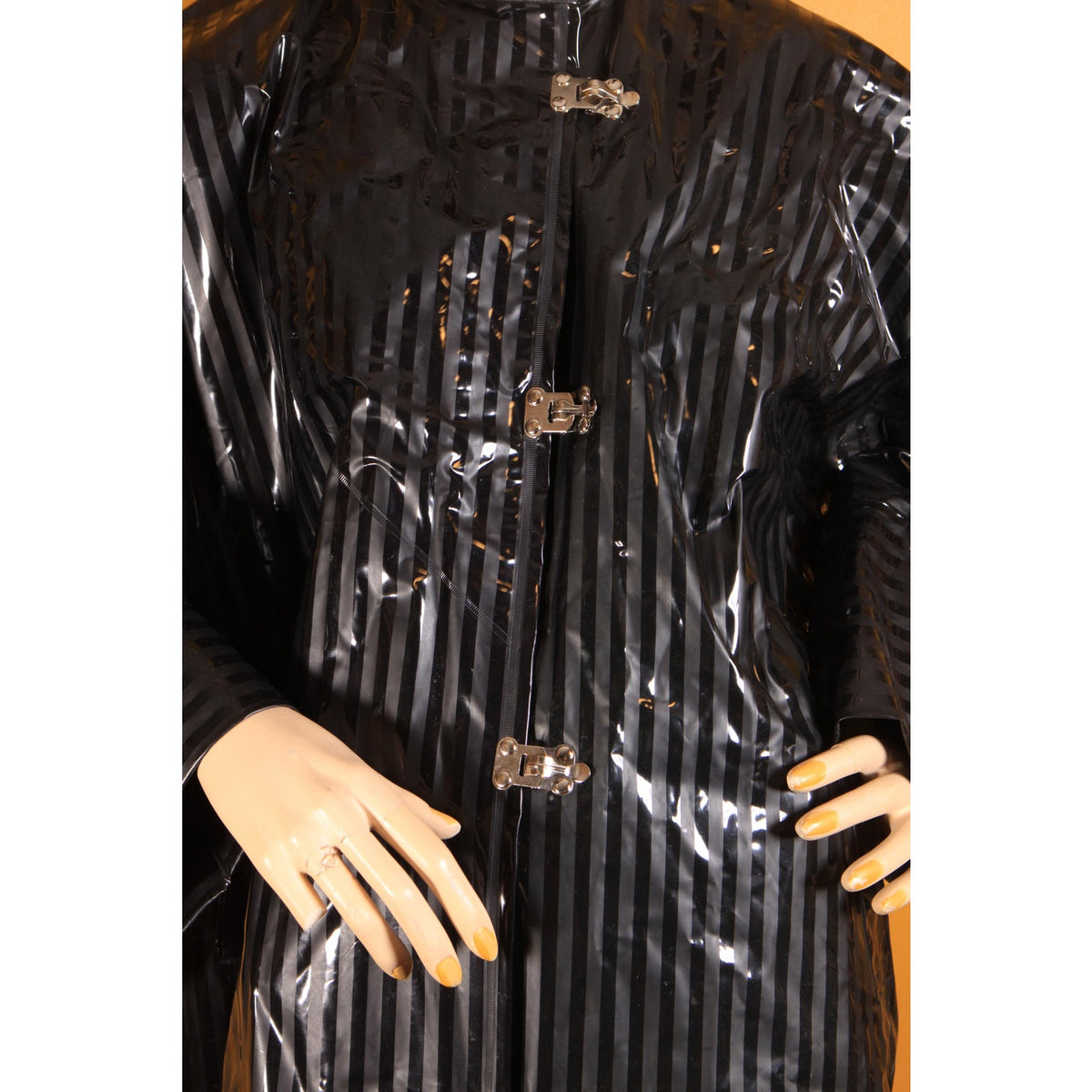 1980s Black Striped Long Sleeve Vinyl Metal Hardware New Wave Goth Raincoat by Waterfalls
