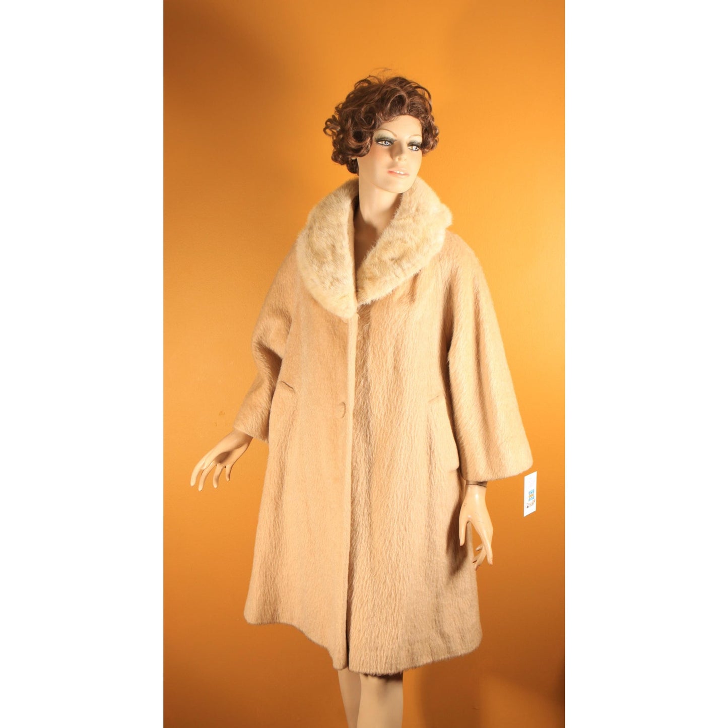 1950s Tan and Cream Bracelet Sleeve Mink Fur Collar Swing Coat by Lilli Ann -M-XL