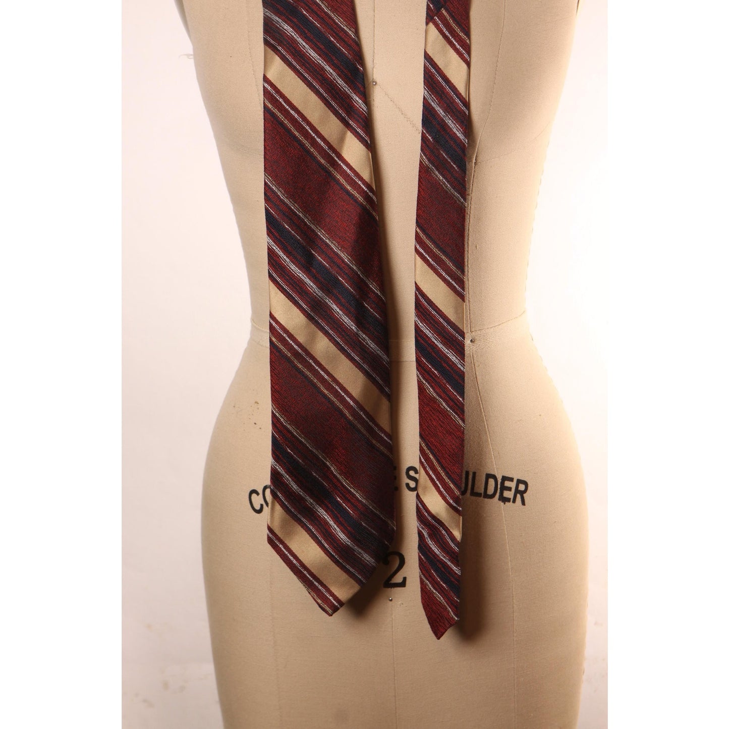 1970s Burgundy, Blue and Tan Striped Wide Necktie Tie by Carriage Cravats