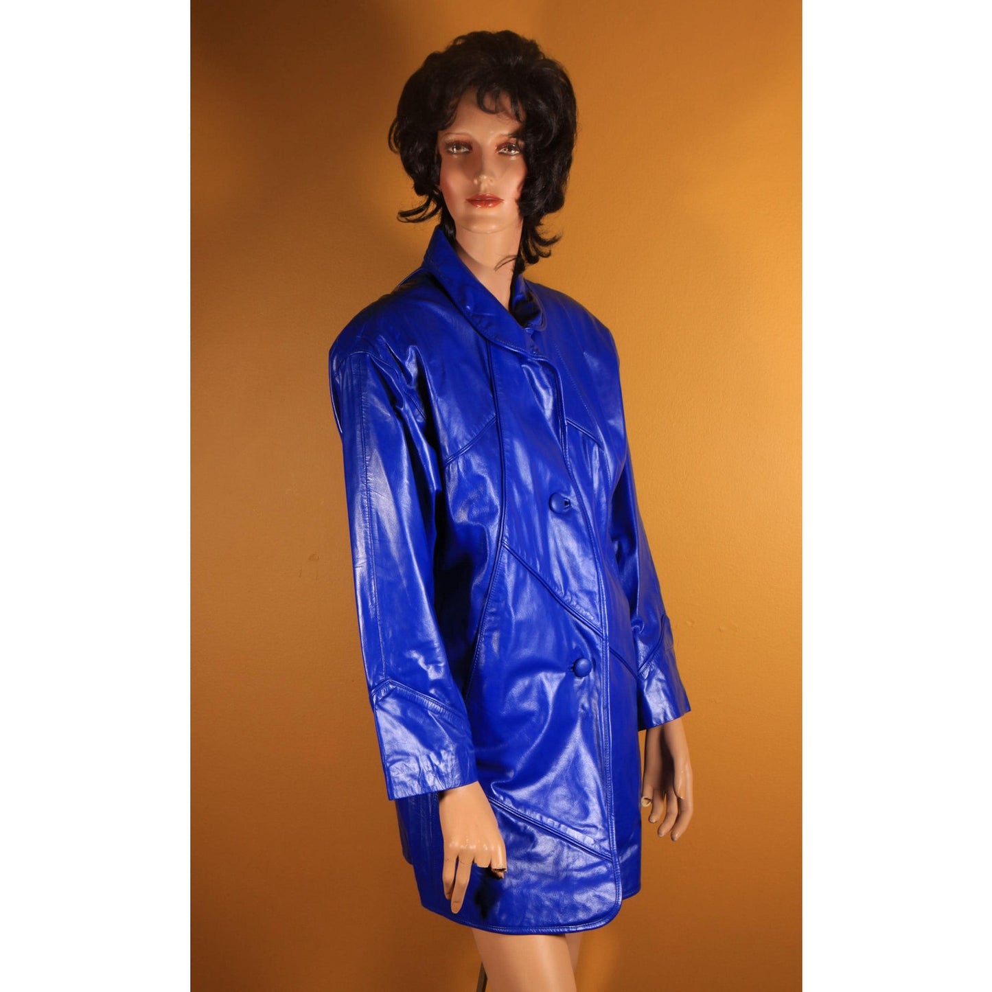 1980s Bright Blue Leather Button Down Long Sleeve Coat by Comint Leather -S