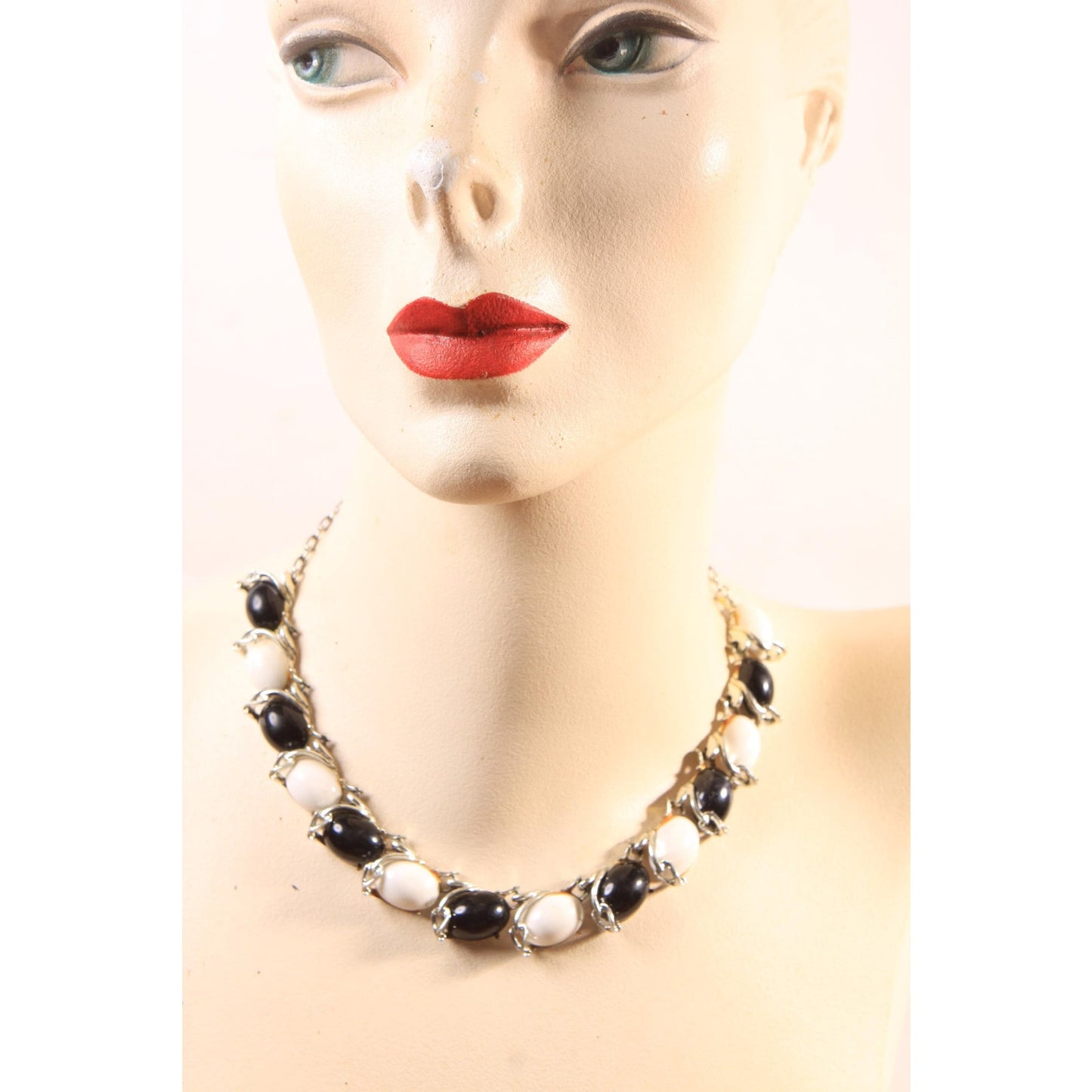 1950s Silver Tone Metal Black and White Statement Necklace