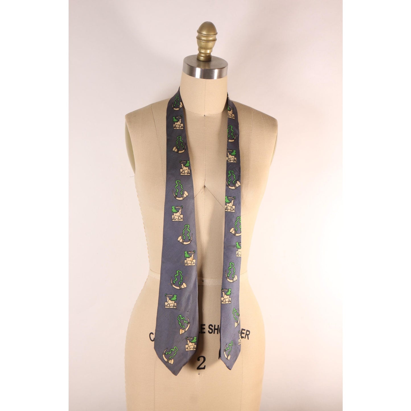 1950s Gray, Green and White Novelty Deer Elk Necktie Tie by Masterpiece by Beau Brummell