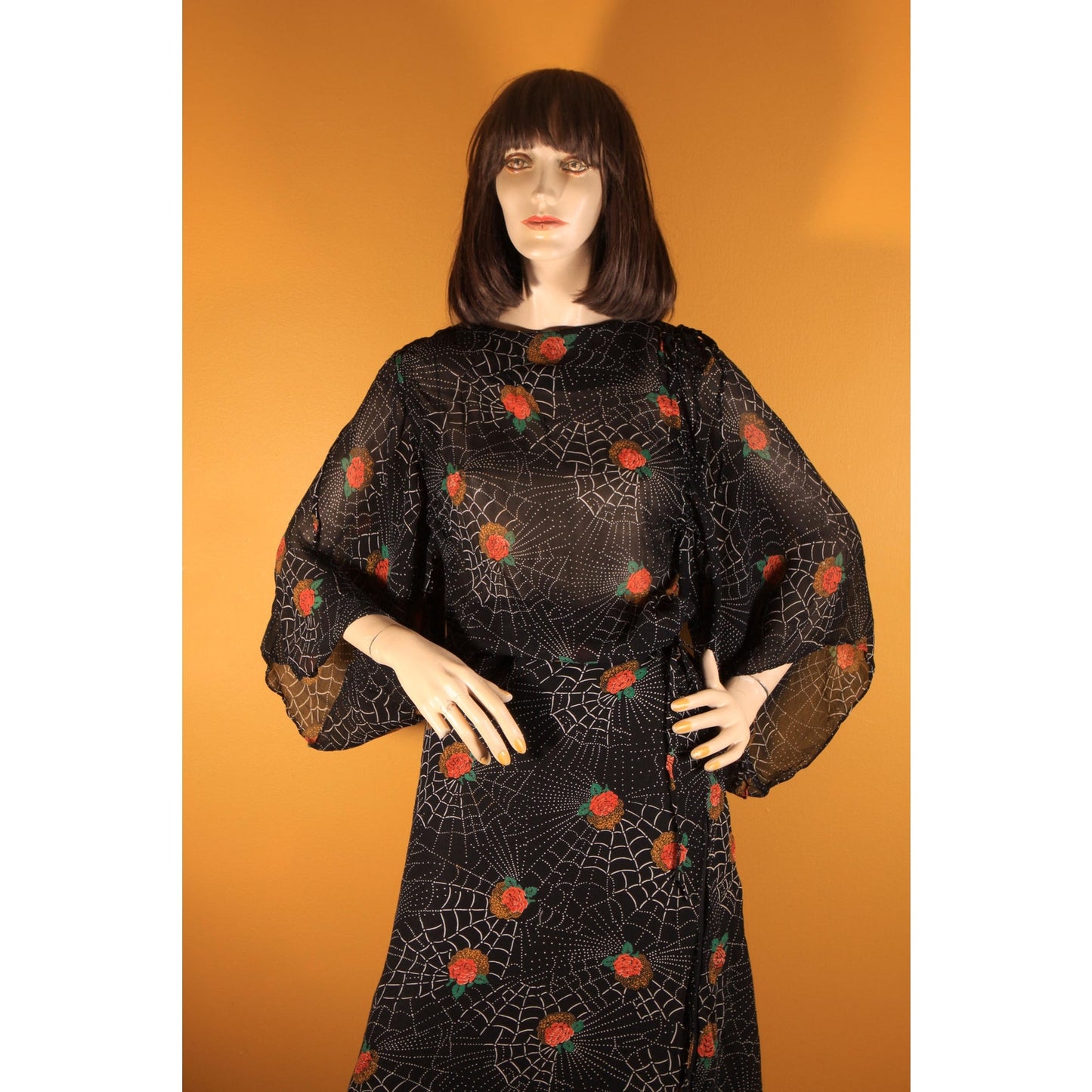 1970s Black, White and Red Novelty Spiderweb and Roses Print Sheer Dress by Saba -S